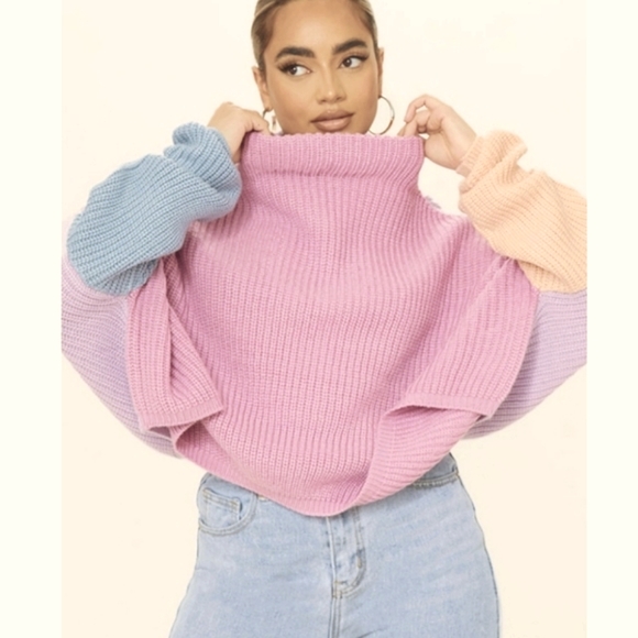 YS Pretty Little Thing Pink Color Block Oversized Sweater - Picture 1 of 8